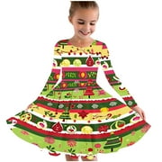 4-14Y Girls Long Sleeve Skater Twirl Dress Christmas Stretchy A Line School Recital Dress Flowy Round Neck Fall Dress Green